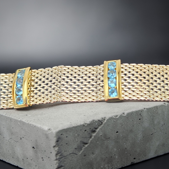 Sterling Vermeil Blue Topaz Mesh Bracelet 6.75” 925 Thailand Estate - Picture 3 of 9